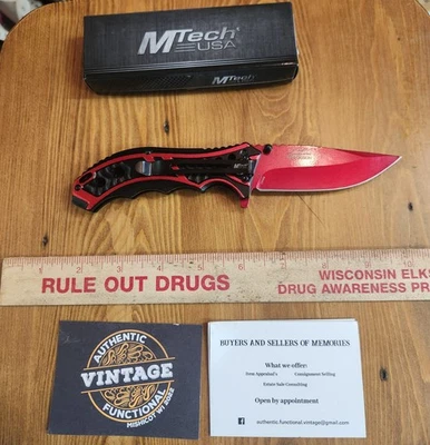 MTech Folding Knife 3.63 Stainless Steel Blade Black/Red Grooved Aluminum Handle - Image 1 of 4