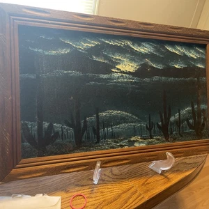 Velvet Painting Blue and Black Saguaro Cacti 22.5”X13.5” MCM Vintage - Picture 1 of 6