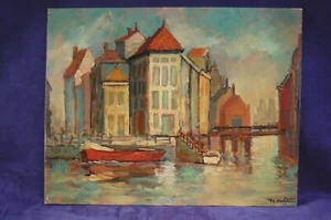 Pintura al óleo Carl Houdein a bordo antiguo almacén a lo largo del canal Monrovia CA - Imagen 1 de 7