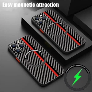Mag Safe Carbon Fiber Case For iPhone 16 15 14 13 12 Pro Max Lens Protect Cover - Photo 1 sur 13