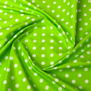POLKA DOT 10mm WHITE ON LIME GREEN 100% COTTON FABRIC per metre - Picture 1 of 1