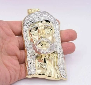 4.25" Huge Men's Diamond Cut Jesus Head Charm Pendant Real 10K Yellow White Gold - Picture 1 of 6