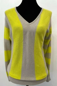 Minnie Rose Womens V-Neck Dolman Sweater Small Yellow Beige Stripe Cashmere  - Picture 1 of 12