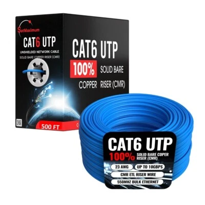 500FT Blue CAT6 ETL CMR Ethernet Cable 23AWG UTP 550Mhz Solid Bare Copper Wire - Image 1 of 4