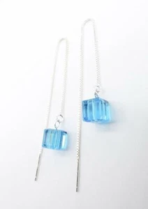 GORGEOUS Aqua Blue Topaz Cube Crystal Thin 925 Sterling Silver Threader Earrings - Picture 1 of 7