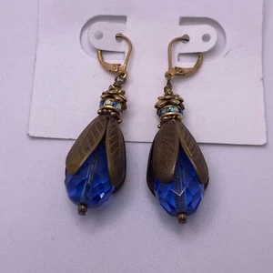 Art Nouveau style 14KGF Earrings With Sapphire Blue faceted Glass drops - Picture 1 of 9
