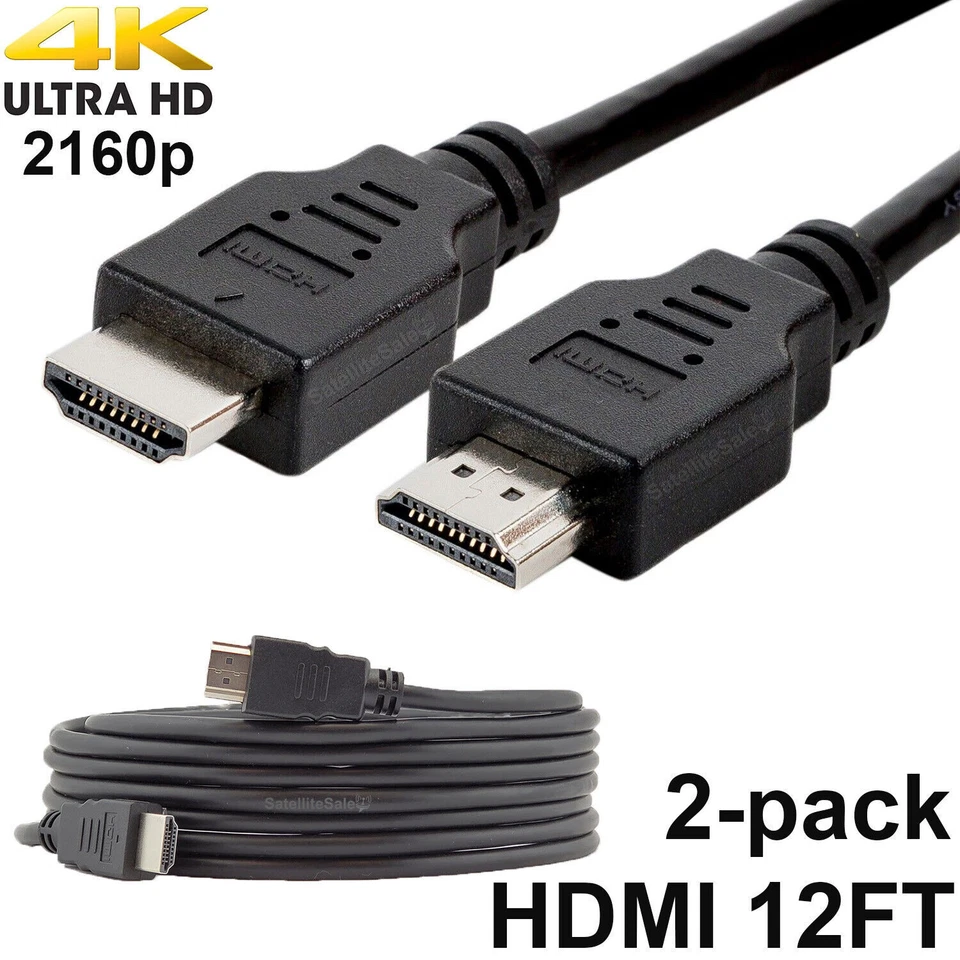 SATELLITESALE Pack of 2 Digital High-Speed 1.4 HDMI Cables PVC 2160p Black Cord (12 feet)