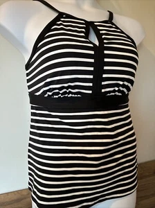 Land’s End Tankini Top High Neck Black White Stripe Halter 10 Wireless Excellent - Picture 1 of 11