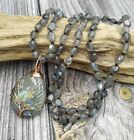 Natural Stone Labradorite Shell Pendant Chips Stone Beads Knot Handmade Necklace