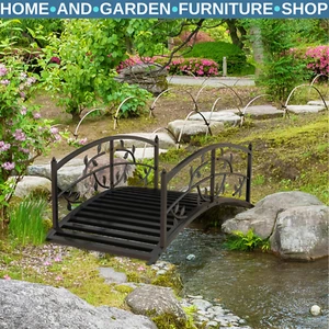 Garden Bridge Rectangle Decorative Vine Pattern Arch with Side Railing Black - Picture 1 of 13