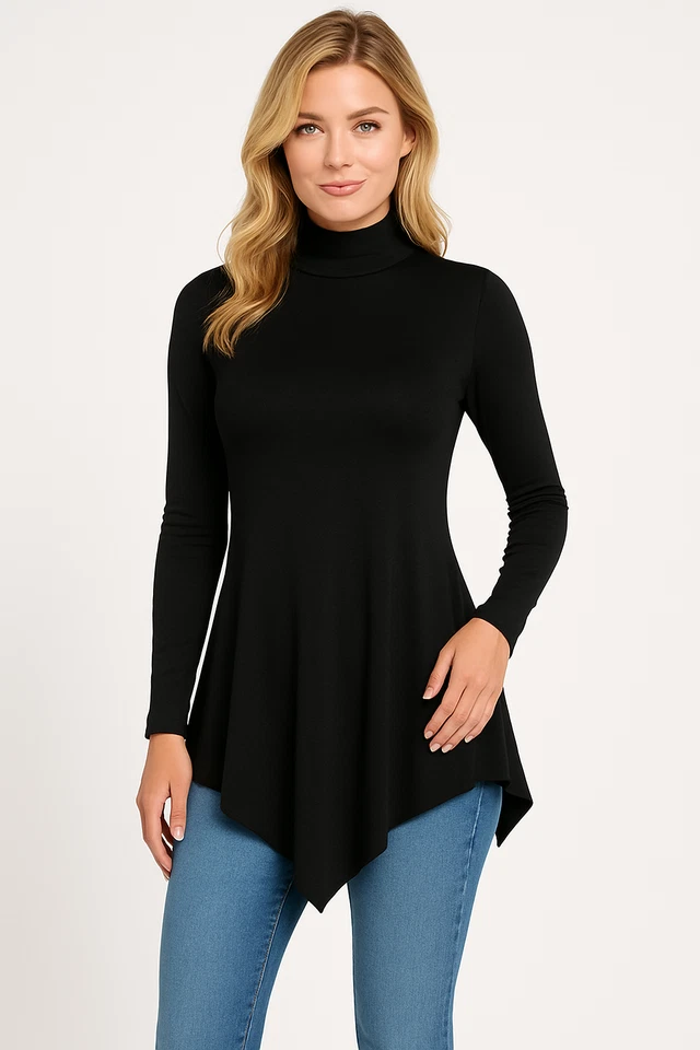 Women’s Turtleneck Tunic Top Long Sleeve Asymmetric Hanky Hem Longline Plus Size - Image 1 of 1