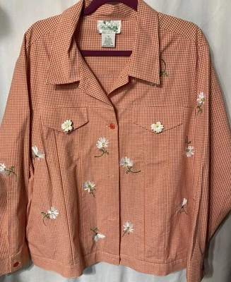 QUACKER FACTORY Stretch Gingham Check Jacket Orange White Daisy Flower Button 1X - Image 1 of 4