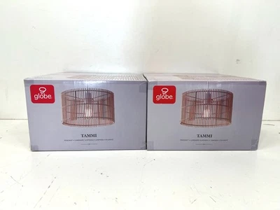 LOT OF 2 Globe 65942 Tammi 1Light Pendant Natural Bamboo Shade White Fabric Cord - Image 1 of 3