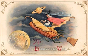 1911 Schmucker Winsch Sci-Fi Witch Riding Corn Cob Space Ship Halloween postcard - Picture 1 of 2