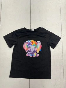 Shein Black Multicolor Elephant Short Sleeve T Shirt Girls Size 6Y - Picture 1 of 6