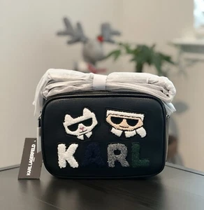 Karl Lagerfeld Women's MAYBELLE Sherpa Logo Duo Camera Crossbody Bag Black/Multi - Picture 1 of 3