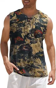 Men's Cotton Linen Tank Top Shirts Casual Sleeveless Lace Up Beach Hippie Tops - Picture 1 of 6