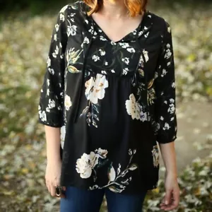 A PEA IN THE POD Maternity Blouse Women S Small Black Floral Crepe 3/4 Sleeves - Picture 1 of 9