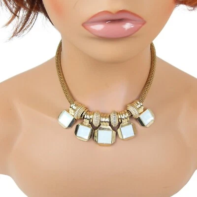 Collar Gargantilla Colgantes Blanco Lunar Cadena Malla Tono Dorado Lucita con Extensor Foto 1 de 4