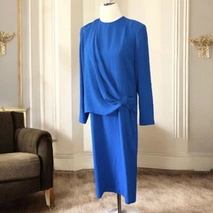 Vtg 70s Henry Lee Dress Womens Petite 8 Royal Blue Drape Front Midi Formal Shift - Picture 1 of 8