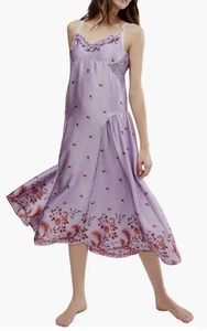 Free People On My Own Floral Satin Nightgown Lilac Midi Slip Dress Small - Picture 1 of 10