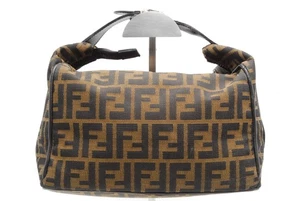 FENDI Zucca Hand Bag Vanity Pouch Purse Canvas Leather Brown - Picture 1 of 12