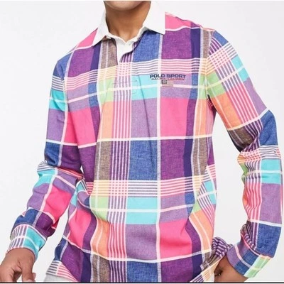 Рубашка регби Polo Sport Ralph Lauren мужская розовая Madras с длинным рукавом размер средний  - Изображение 1 из 4