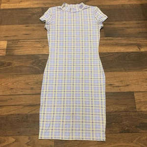 Absolutely Love it Women's Plaid Dress M, Lilac Yellow, Pencil Bodycon Stretch - Picture 1 of 9