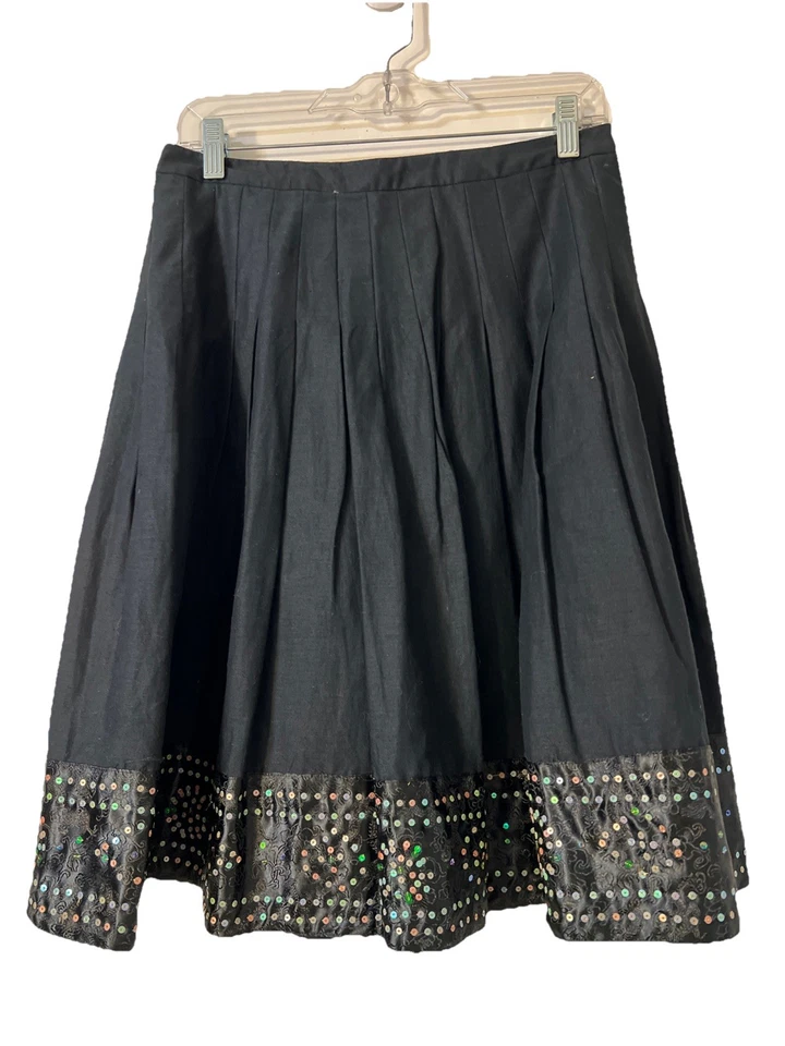 ICE 裙女式 8 黑色喇叭内衬亚麻棉混纺缎面亮片下摆打褶 — 第 1/4 张图片