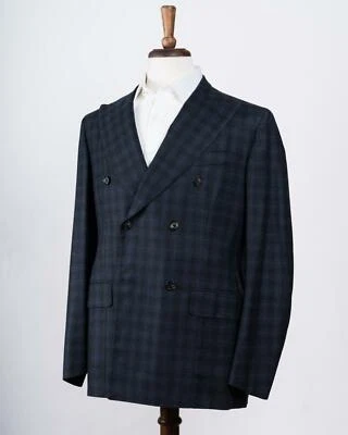 Traje Isaia $4,395 Azul Marino Cuadros Super 130's Lana Doble Pecho 46 IT 36 EE. UU. Foto 1 de 4