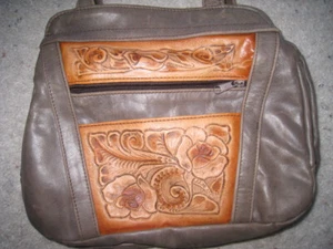 Lovely Hand Tooled Western 2 Tone Leather Detailed Handbag Shoulder Bag - Picture 1 of 5