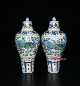 6.6" china classic ming dynasty chenghua mark porcelain a pair lion pulm vase - Picture 1 of 9