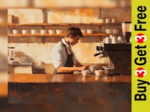 Thoughtful Barista Scene 5"x7" Print on Matte Paper | Warm Impressionist Artwork - Picture 1 of 7