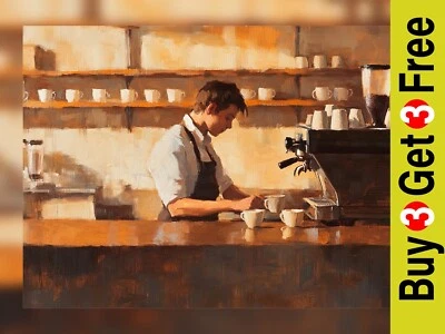 Thoughtful Barista Scene 5"x7" Print on Matte Paper | Warm Impressionist Artwork - Image 1 of 4