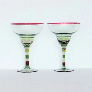 Margarita Glass Set NEW In Box 2 pc Hand Blown Light Green Glass Hand Painted - Picture 1 of 7