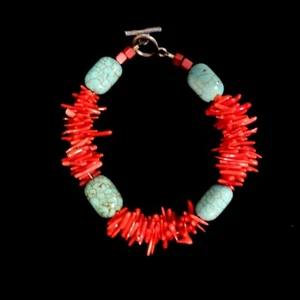 Red Branch Coral & Turquoise Artist Designed Bracelet 7 Inches - Picture 1 of 3