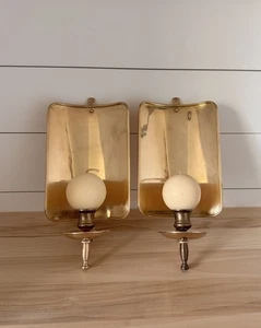 Pair Brass Candle Square Sconce Curved Reflector Taper Colonial 11” VTG MOD - Picture 1 of 15