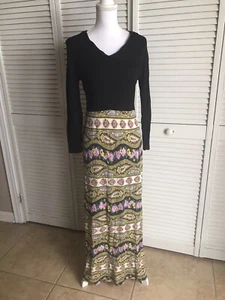 Vintage 60s 70s Hippie Boho Long Sleeve Maxi Dress Marked 14 Modern M Paisley - Picture 1 of 12