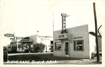 Postcard RPPC 1930s Arizona Bowie Shell gas station pumps Hwy Cafe AZ24-2257 - Image 1 of 2