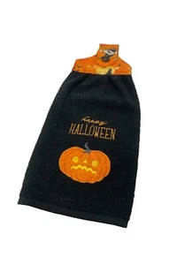 Halloween Hanging Dishtowel Happy Halloween Pumpkin Decal Black Towel USA Made - Picture 1 of 7
