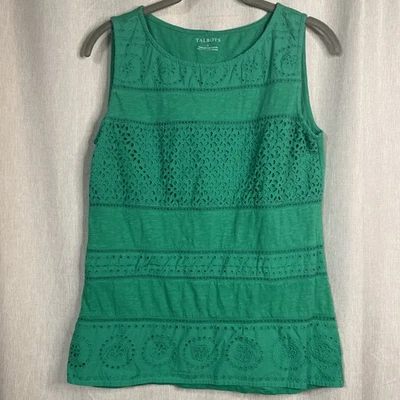 Women's Talbots Green Eyelet Lace Detail Scoop Neck Sleeveless Tank Top Sz Small - Image 1 of 4