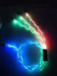 Light Up 3 in 1 USB Charging Phone Cable Universal C , Micro & iPhone Neon Multi - Picture 1 of 5