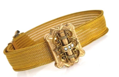 VTG BEAUTIFUL YELLOW GOLD FILLED VICTORIAN SLIDE BRACELET TASSLE 18G SEED PEARLS - Image 1 of 3