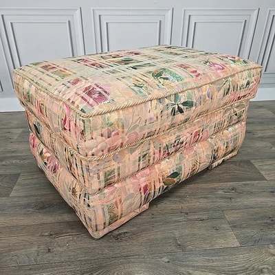 Vintage Floral Upholstered Footstool – Retro 1980s Padded Ottoman Pouffe Seat - Image 1 of 4