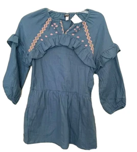 NWT Tea Collection Girls 10 Blue Embroidered Crinkle Crepe Boho Ruffle Dress - Picture 1 of 10