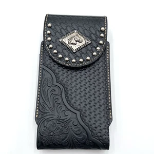 Horse Western Genuine Leather Oversized Belt Phone Holster Navy West Star Texas - Picture 1 of 7