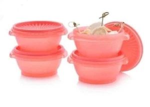 Tupperware SERVALIER Bowls 10 oz x4 CORAL PEACH 4 Bowls Matching Lids Seals - Picture 1 of 1