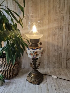Antique Converted Electric Oil Lamp Ornate Brass Cherub Base Hand Painted Floral - Picture 1 of 17