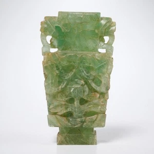 Vintage Carved Jadeite Asian Chinese Vase Light Green Ornate Antique - Picture 1 of 7