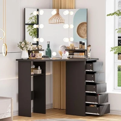 Corner Vanity Desk with Mirror, Lighted Makeup Vanity Table with 5 Drawers SALE - Image 1 of 4